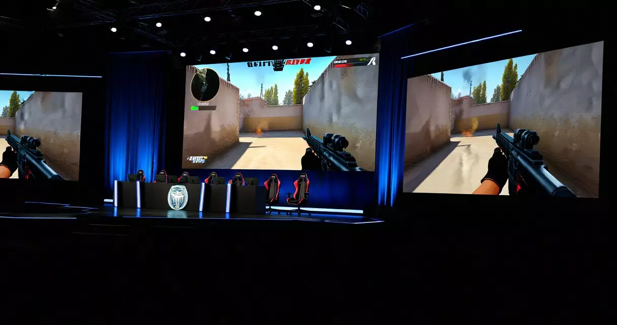 CS2 esports tournament arena stage with LED screens and competitive team branding