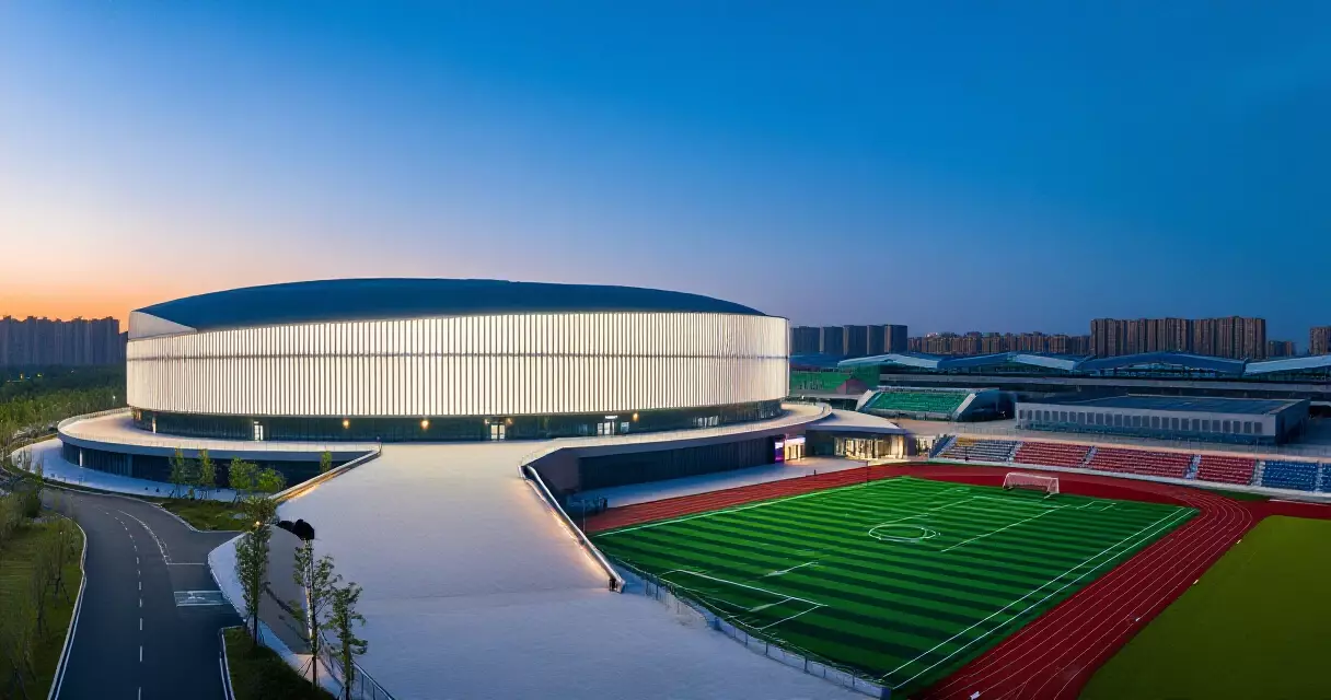 Fusion Arena Philadelphia exterior view at dusk, South Philadelphia Sports Complex