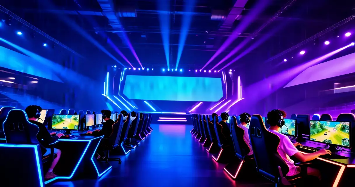 Esports arena with players at illuminated gaming stations during a competitive tournament