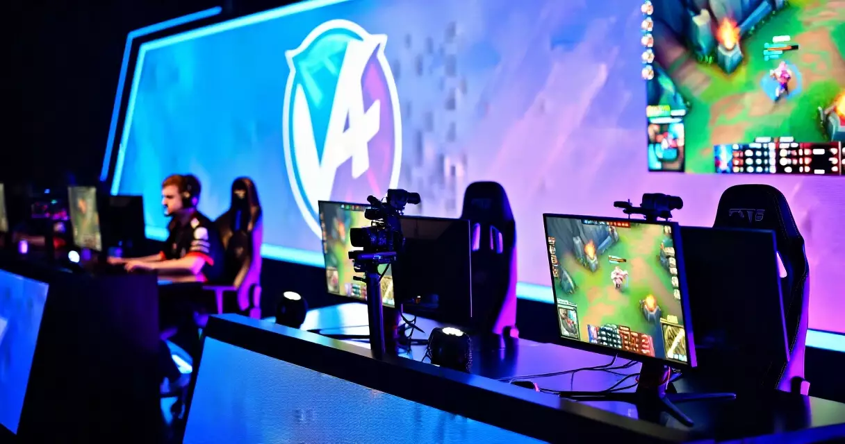 Esports competition stage with player stations, gaming peripherals, and LED display backdrop at a live tournament