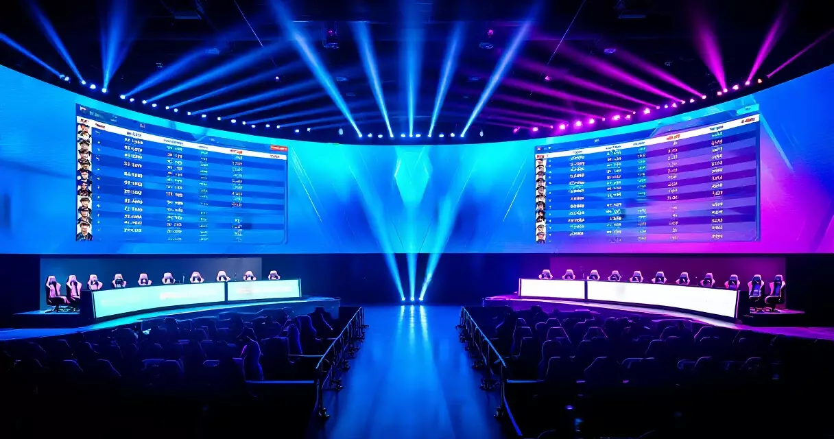 Esports tournament arena with live match stats and odds displayed on large screens