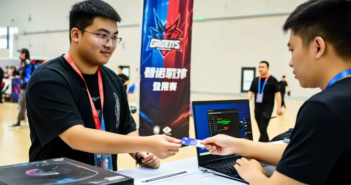 Player presenting ID at esports tournament registration desk for identity verification