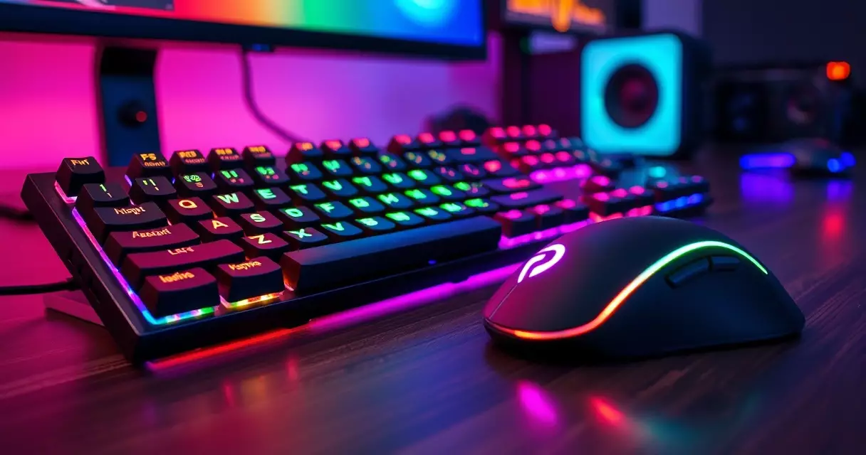Close-up of an RGB-lit gaming keyboard and mouse on a professional player desk