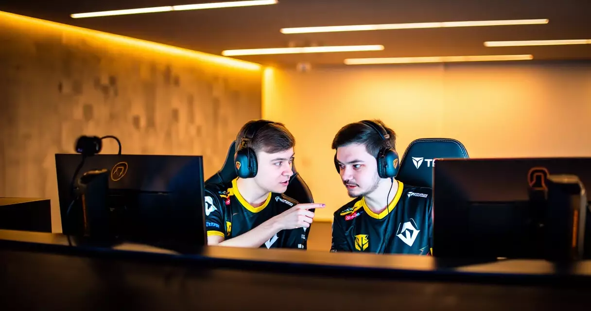 Two esports players at a training facility desk, one coaching the other on strategy
