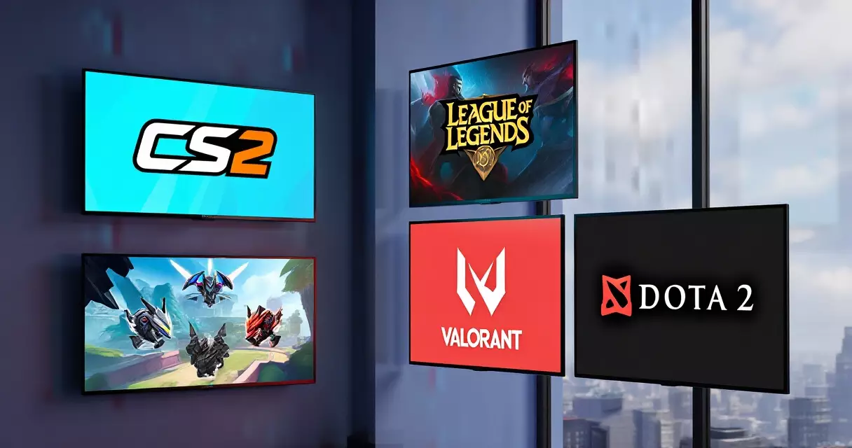 Esports game title logos including CS2, League of Legends, Valorant, and Dota 2 on screens