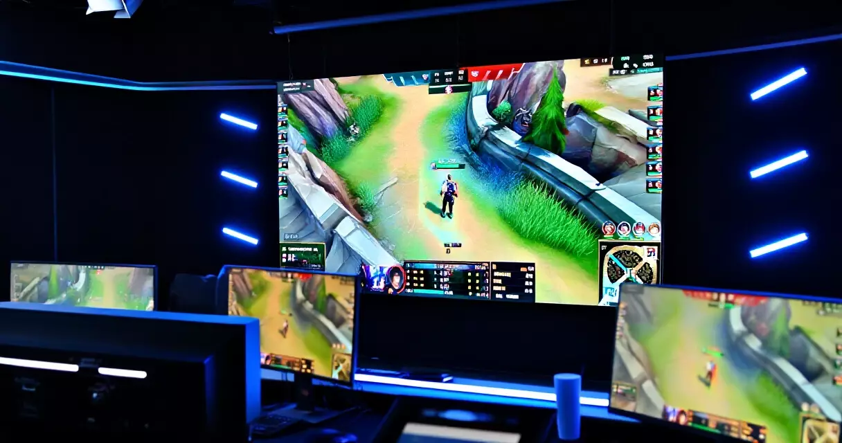 Esports broadcast studio with multiple screens showing live competitive gaming matches
