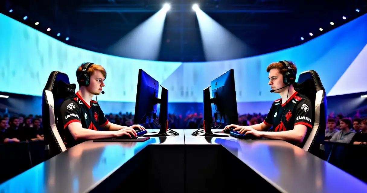 Professional esports players competing at a major tournament on high-end gaming hardware