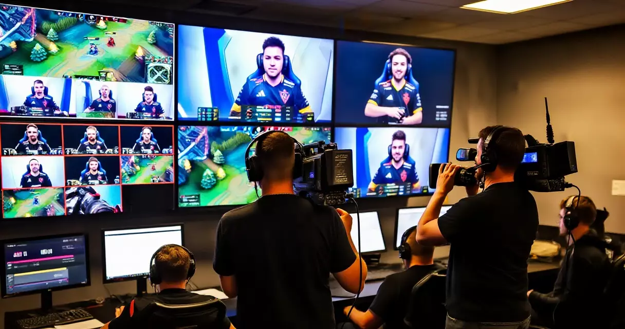 Esports broadcast production control room with crew managing live tournament feeds