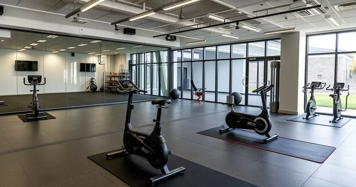 Esports performance center fitness area beside glass-walled practice rooms