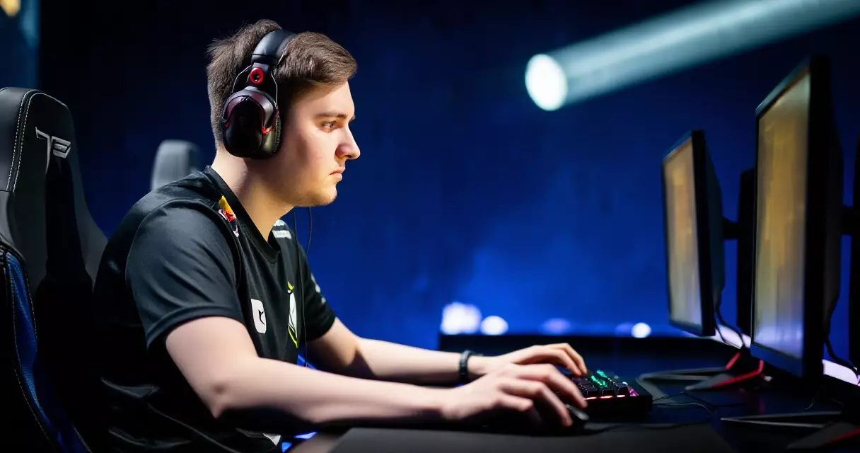 Pro League of Legends player competing at a major esports tournament under stage lighting