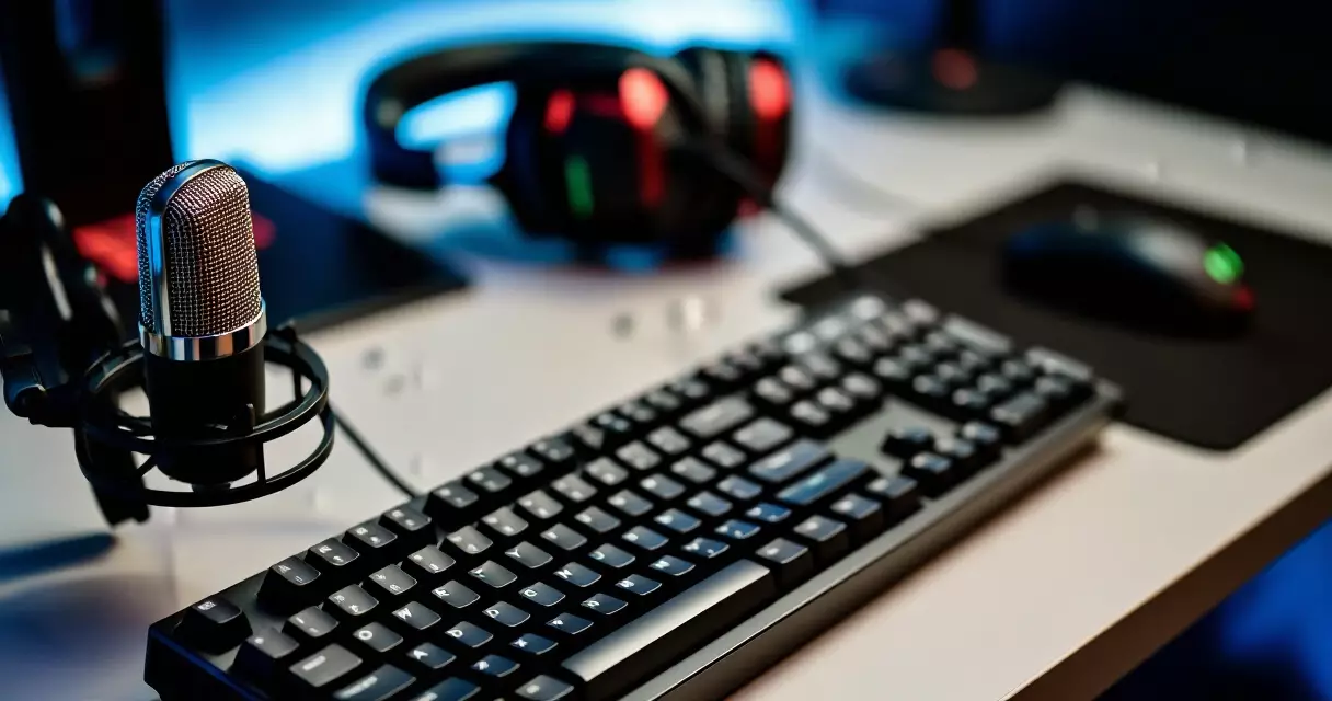 Professional gaming desk with microphone keyboard and headset