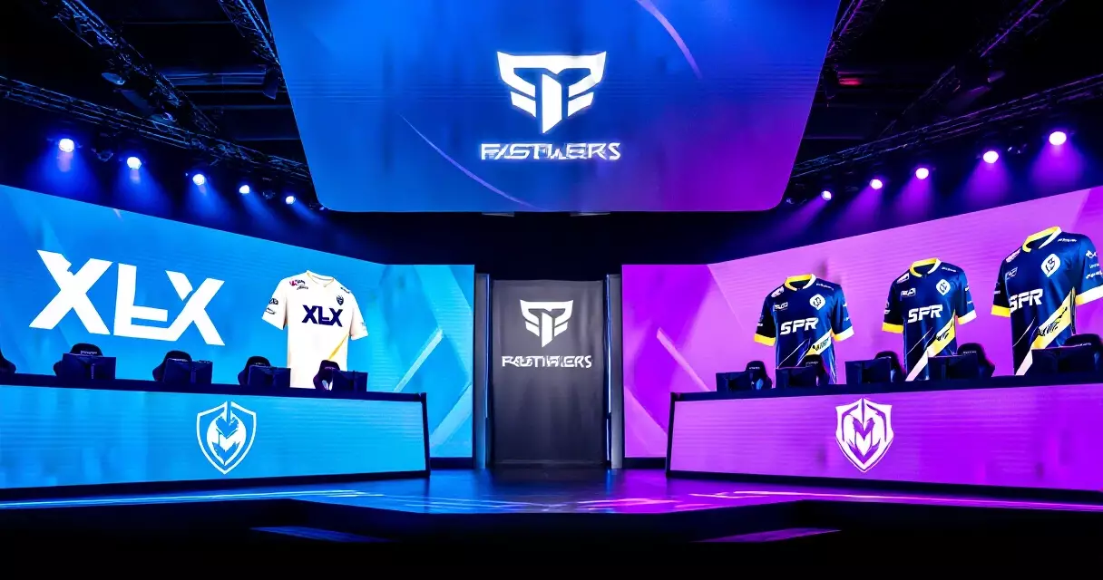 Esports arena stage with branded screens and sponsor logos on team jerseys