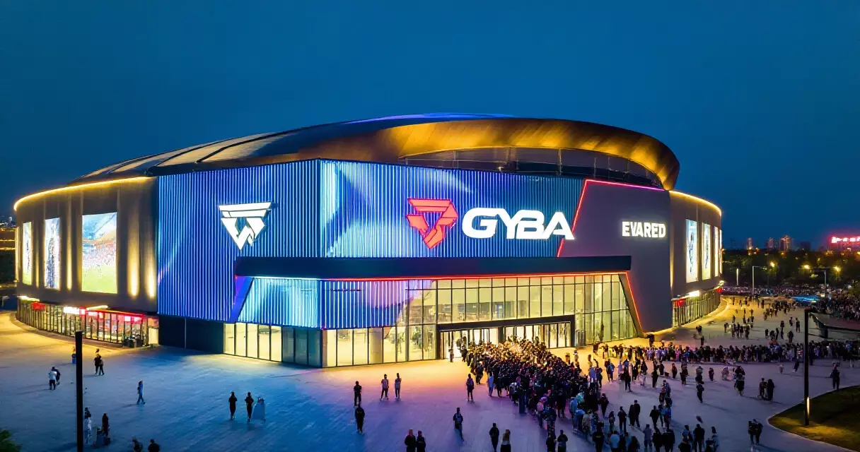 Esports arena exterior at night with crowds and illuminated signage