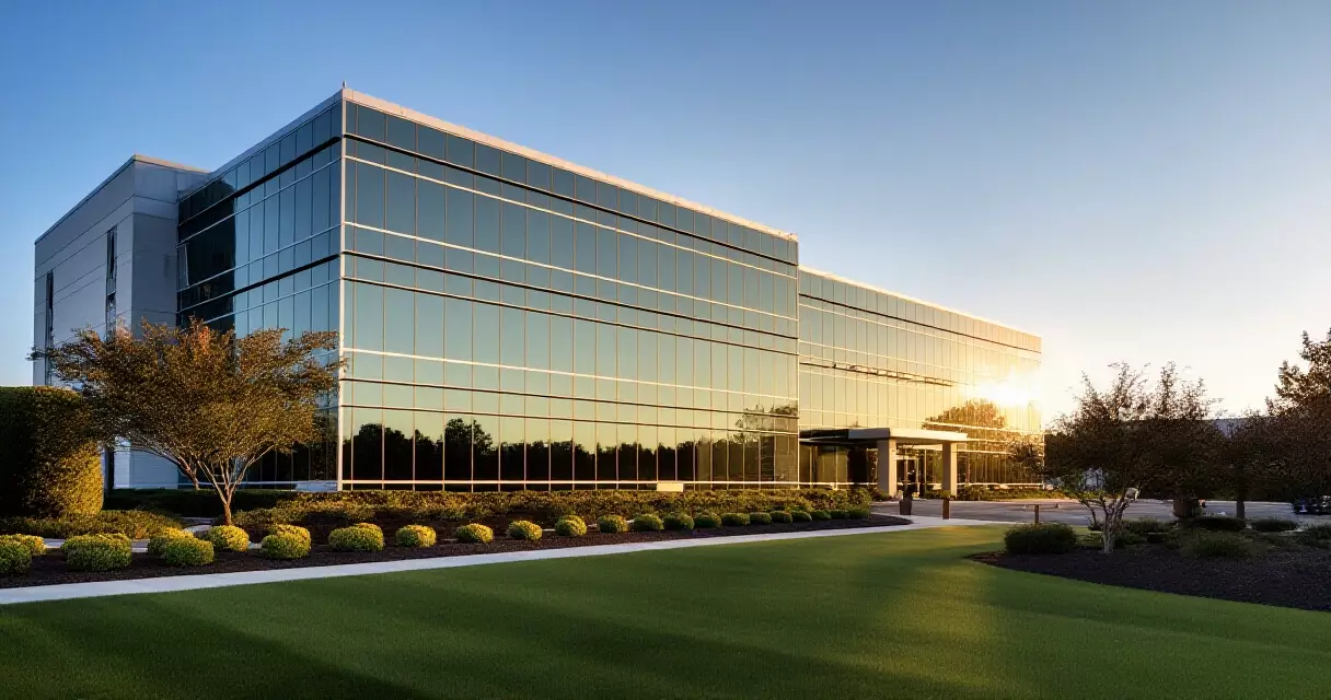 Corporate headquarters building exterior at golden hour, glass facade reflecting sunlight