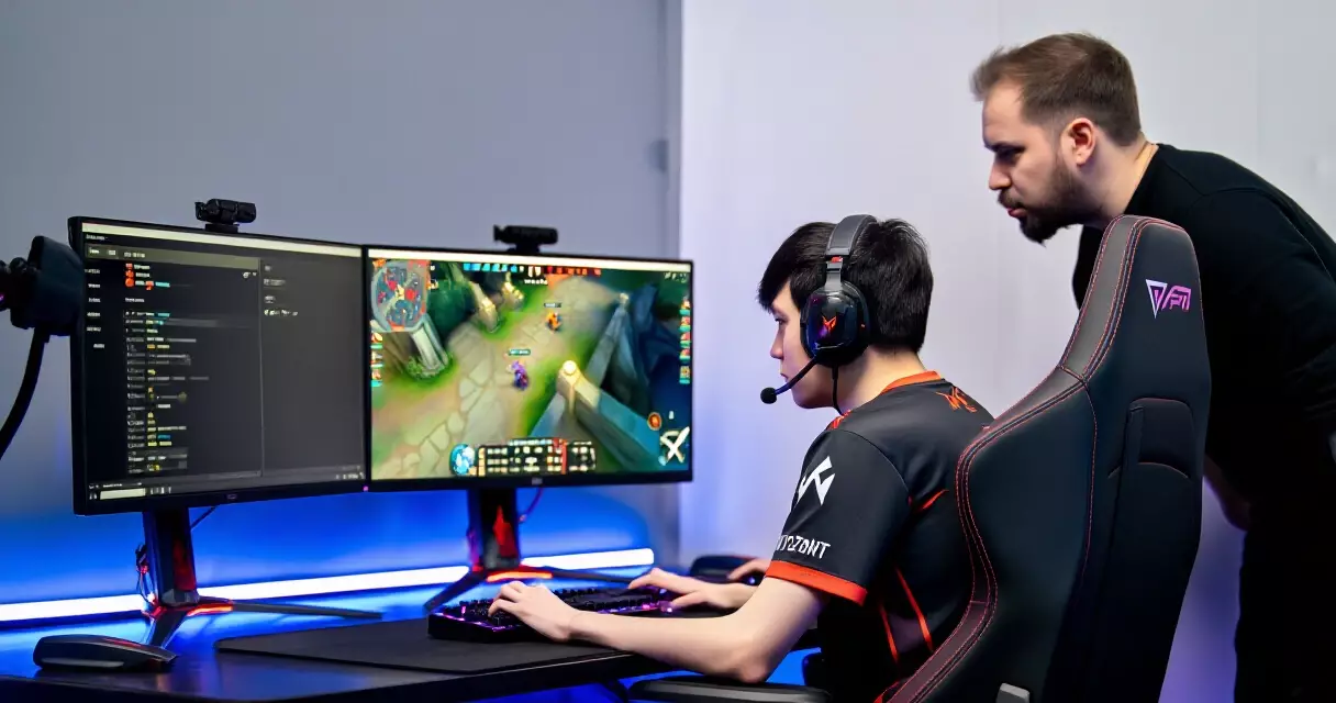 Valorant player in a structured coaching session reviewing VOD footage with an esports coach