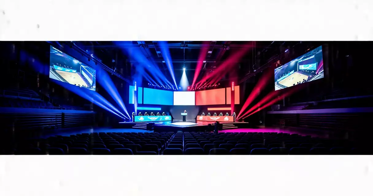 Esports arena stage with coloured lighting and competition desks, no text visible
