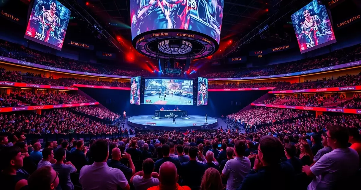 Packed esports arena audience watching a live tournament on a large screen