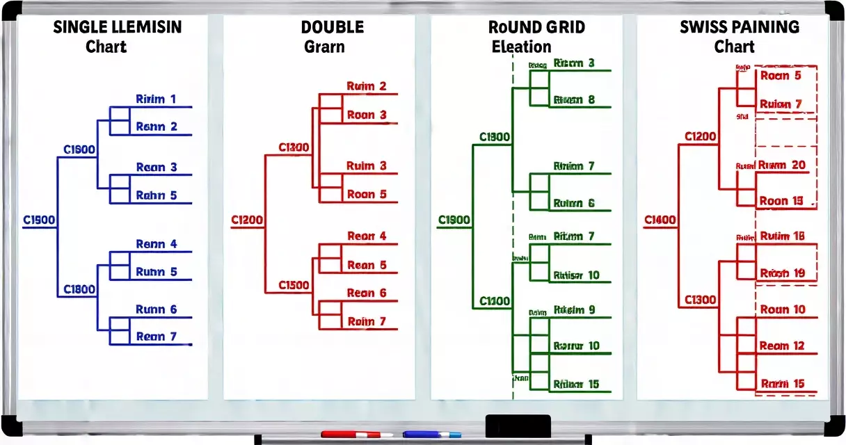 Four tournament format diagrams side by side showing bracket structures for esports