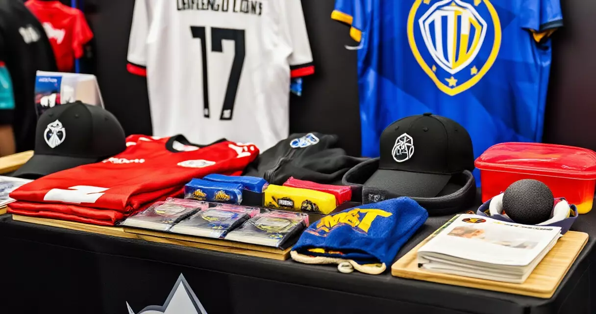Esports tournament merchandise booth with team jerseys and branded accessories