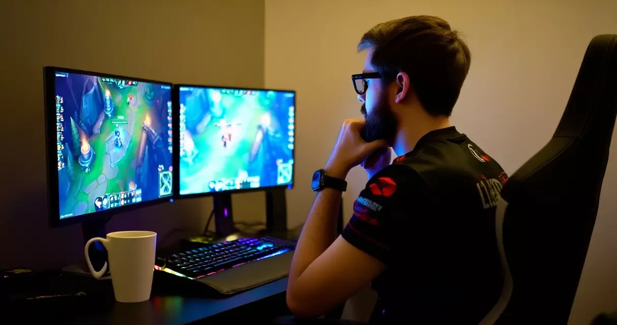 Player reviewing a League of Legends champion guide at a gaming desk
