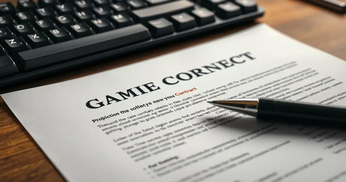 Esports contract document with a pen resting beside a mechanical keyboard