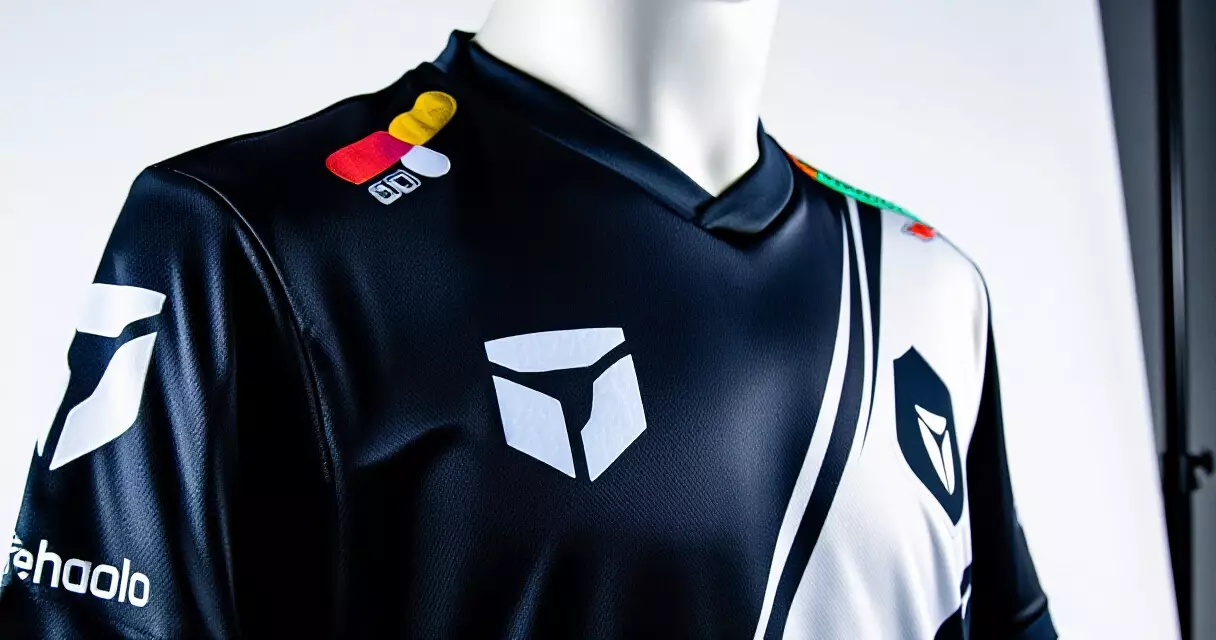 Professional esports jersey with sponsor logo patches on display