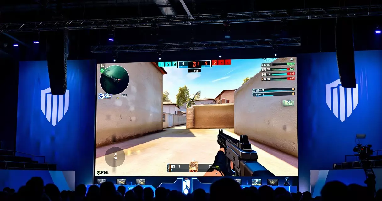 ESL major tournament live broadcast on arena screen with Counter-Strike 2 match in progress