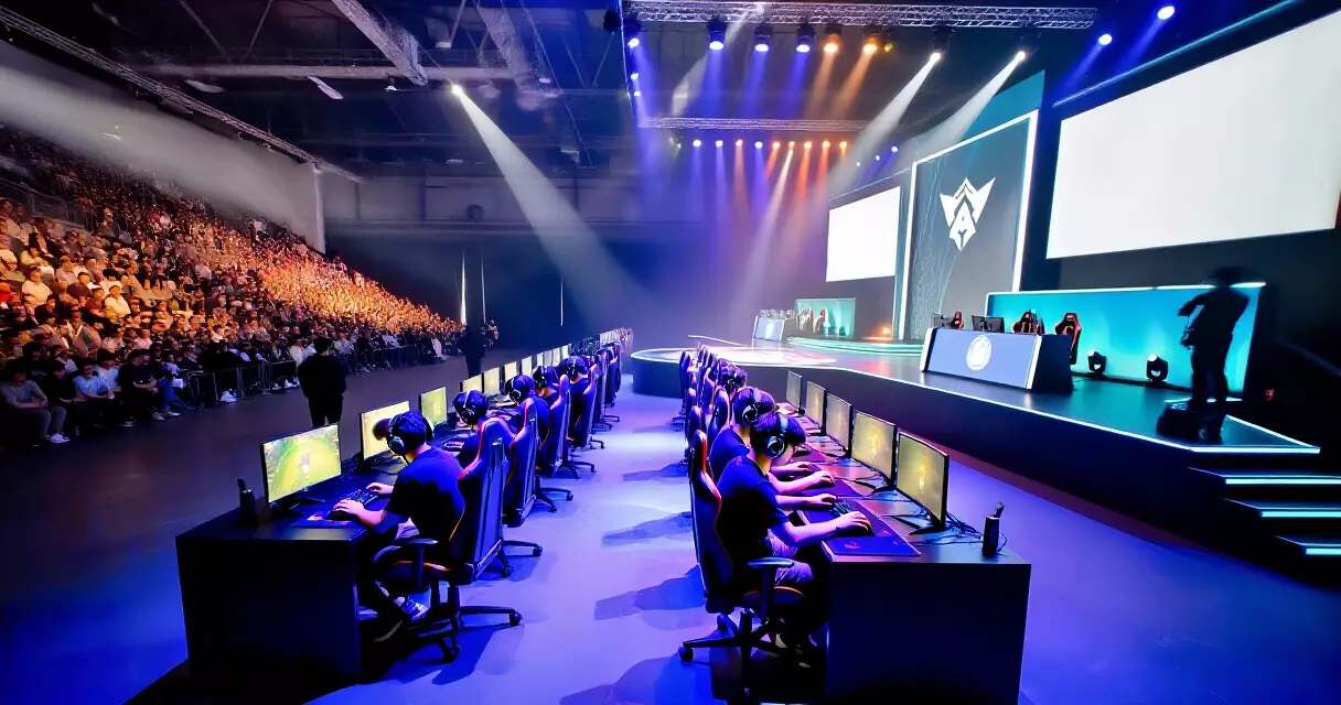 Esports tournament arena with players competing on stage at a major international event