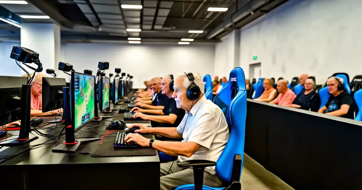 Senior gamers competing at an esports event in a modern venue