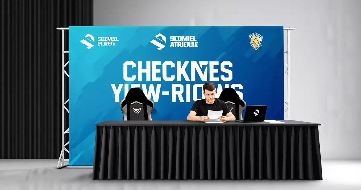 Esports tournament organizer managing player check-in verification at a registration desk