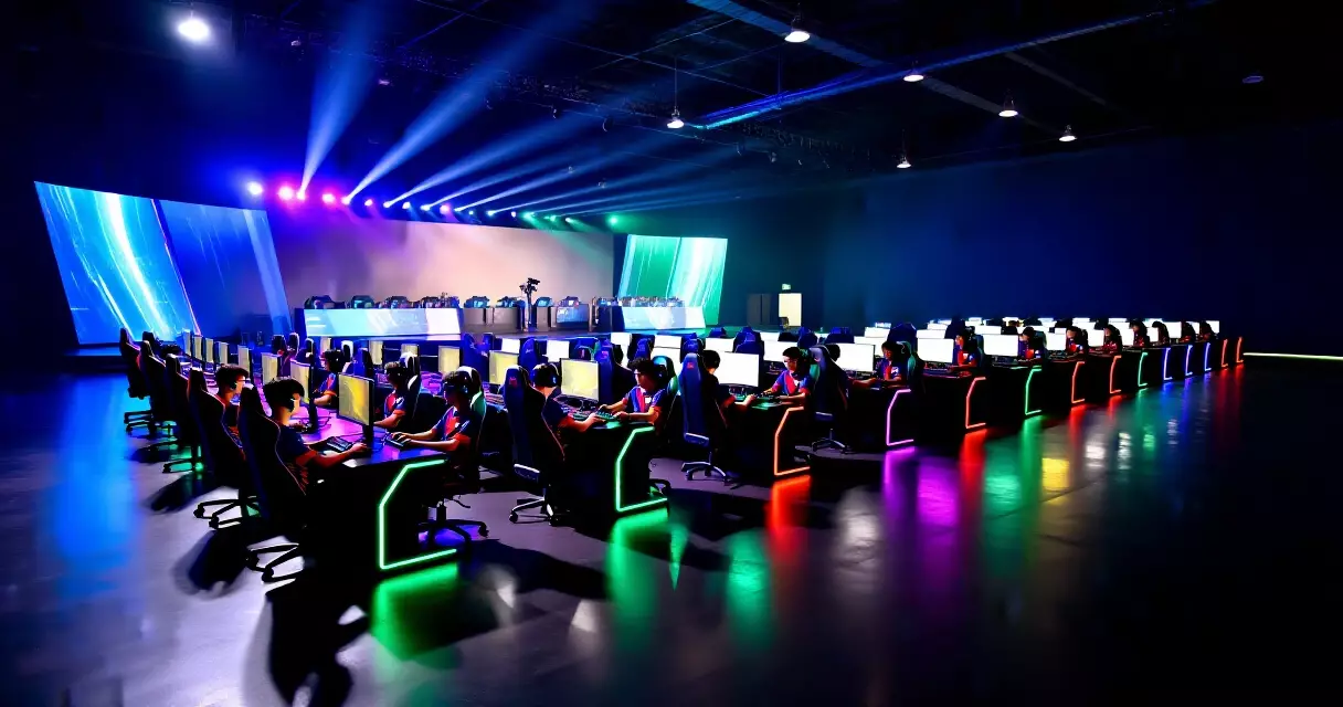 Esports arena with teams competing on stage under colorful lighting