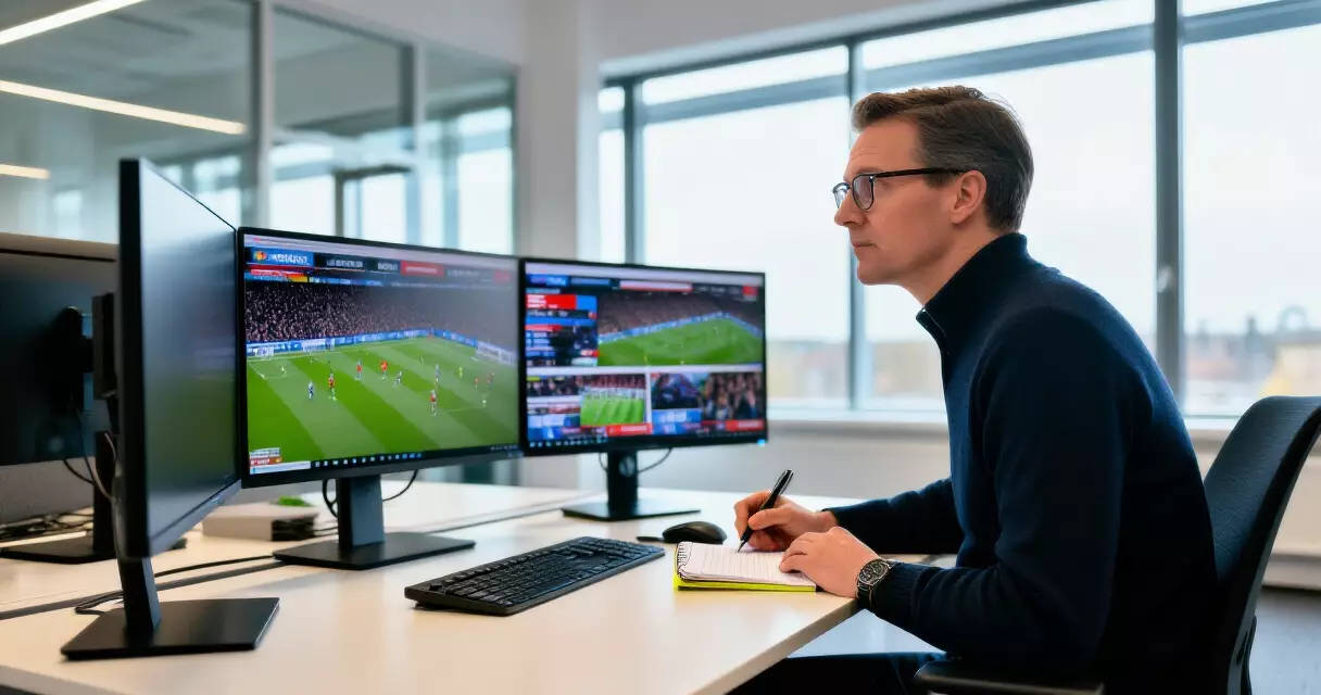 Esports beat reporter working at a newsroom desk monitoring multiple live tournament feeds
