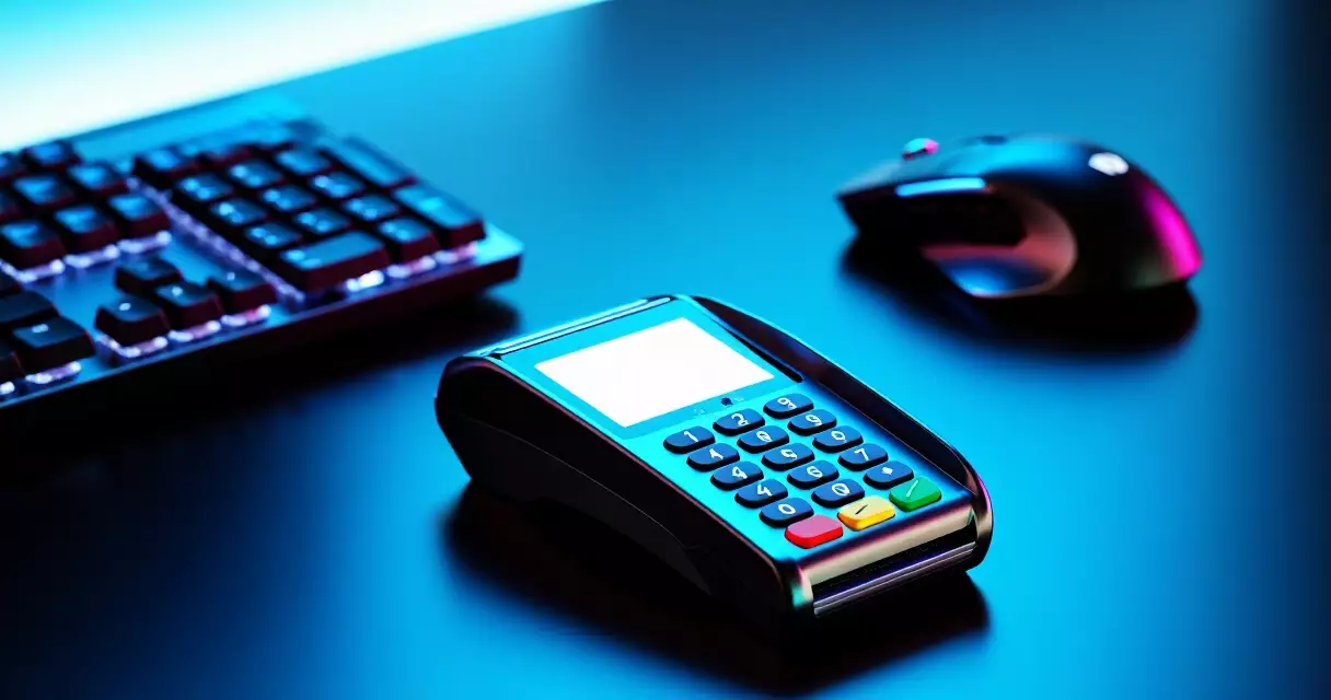 Contactless payment terminal next to gaming peripherals on a desk