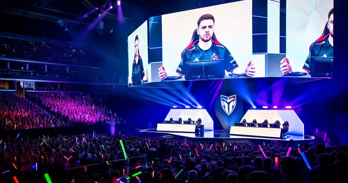 Esports arena crowd at a major tournament with stage lighting and player stations