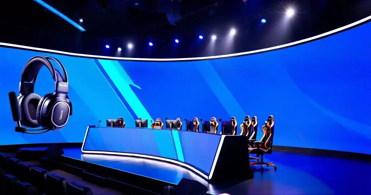 Esports arena stage set with gaming peripherals under blue lighting