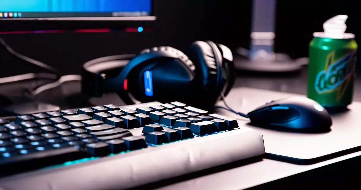 Competitive gaming desk with branded peripherals and energy drink