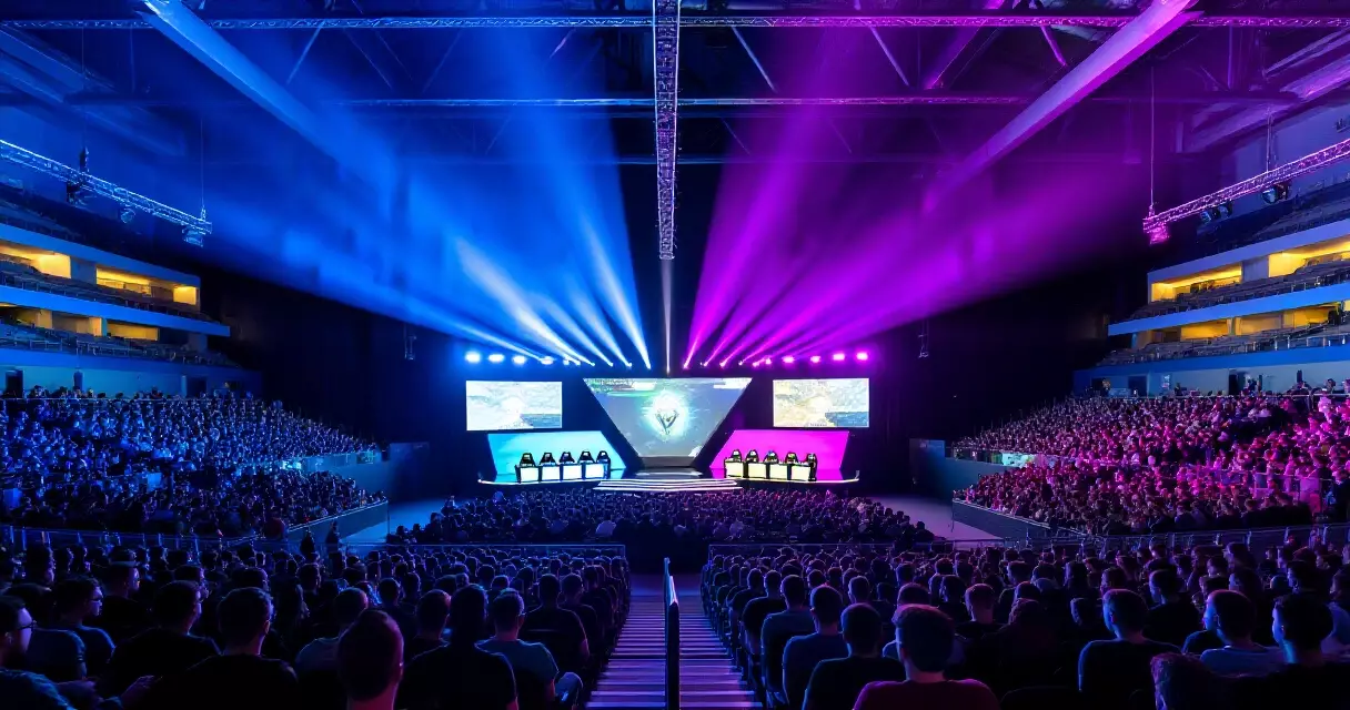 Packed esports arena with fans watching a League of Legends match on a large stage