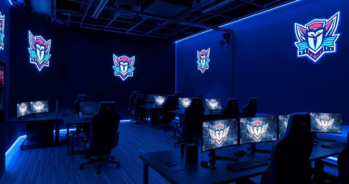 Esports team training facility with rows of gaming stations and branded walls
