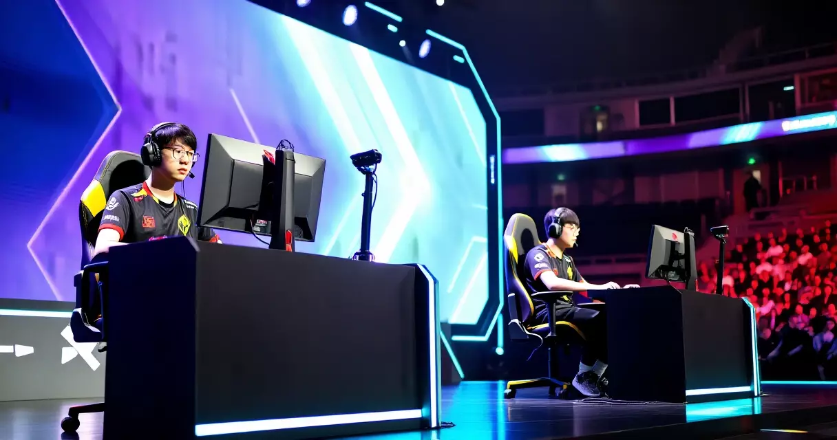 Professional VALORANT players competing at a VCT Stage 2 tournament on a lit stage