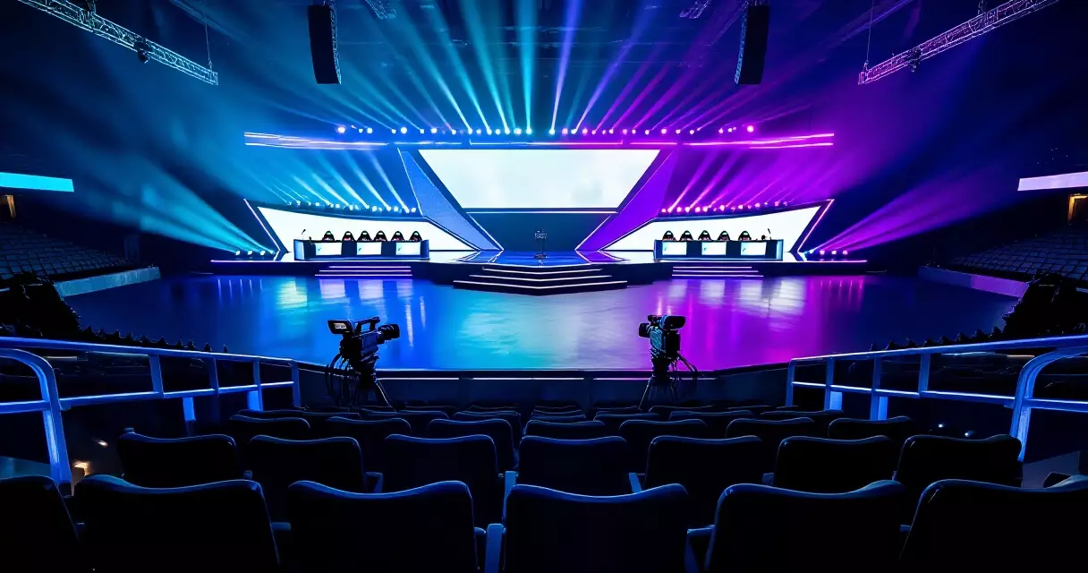 Professional esports tournament arena with stage lighting and gaming stations