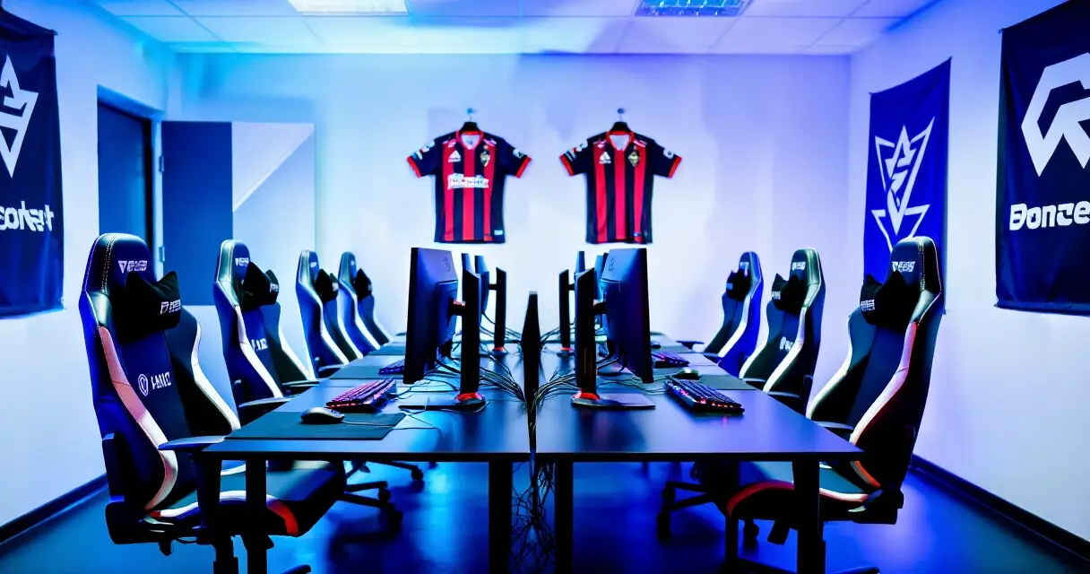Esports team practice room with sponsor banners and branded gaming gear