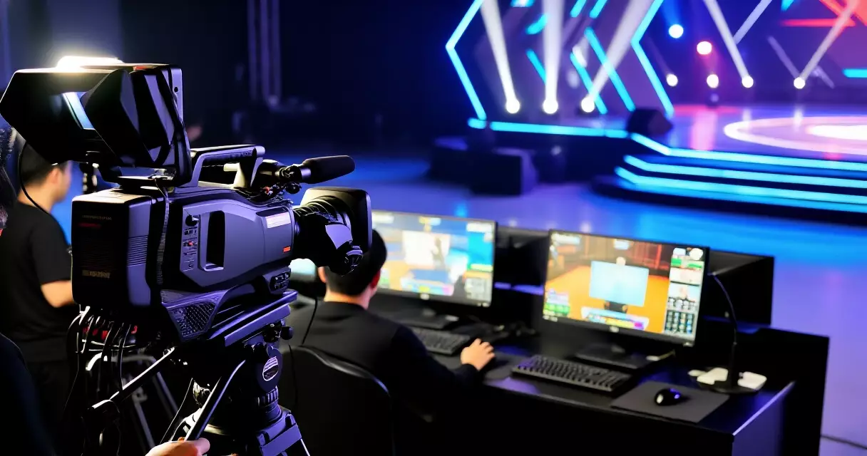 TV broadcast studio set up for an esports tournament with commentary desk and cameras