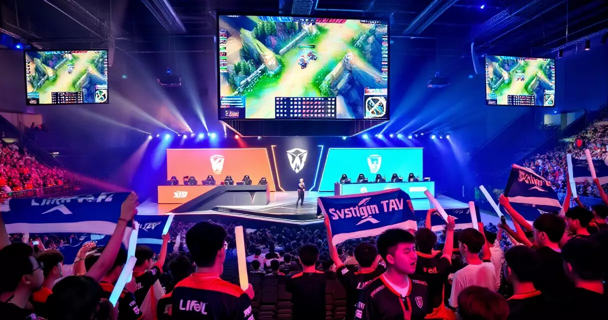 Esports arena crowd at a live tournament event, fans in team jerseys with sponsor branding visible