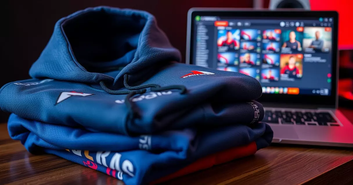 Stacked esports merchandise apparel next to a laptop showing a streaming analytics dashboard
