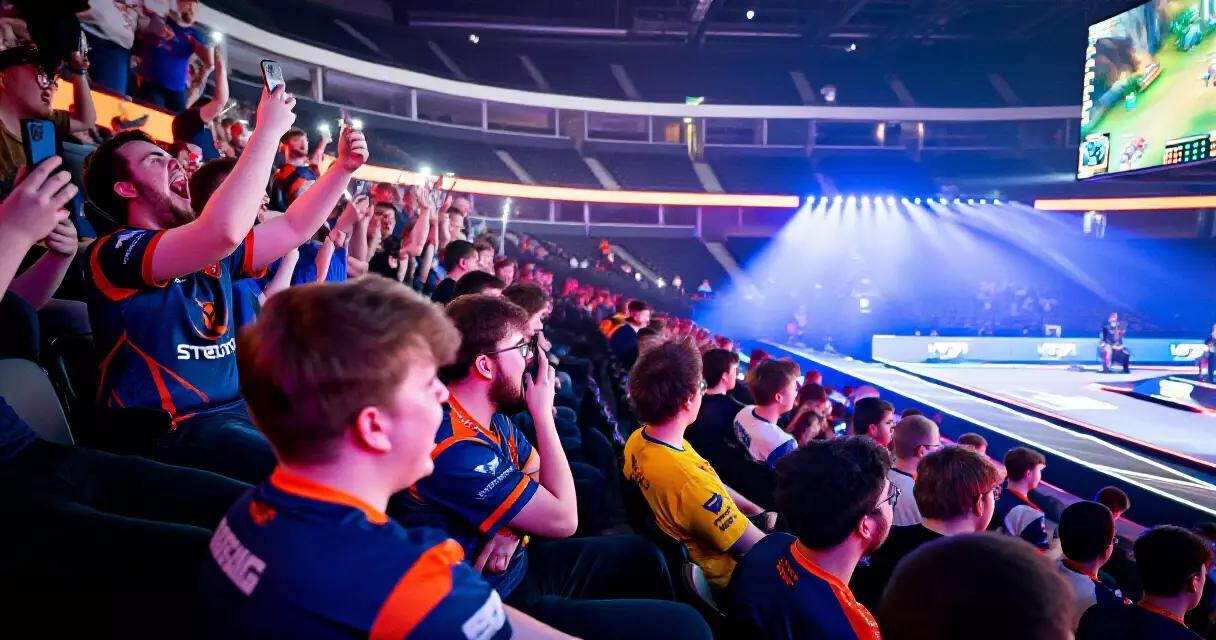 Esports fans at a live OWL match cheering in tiered seating with team jerseys