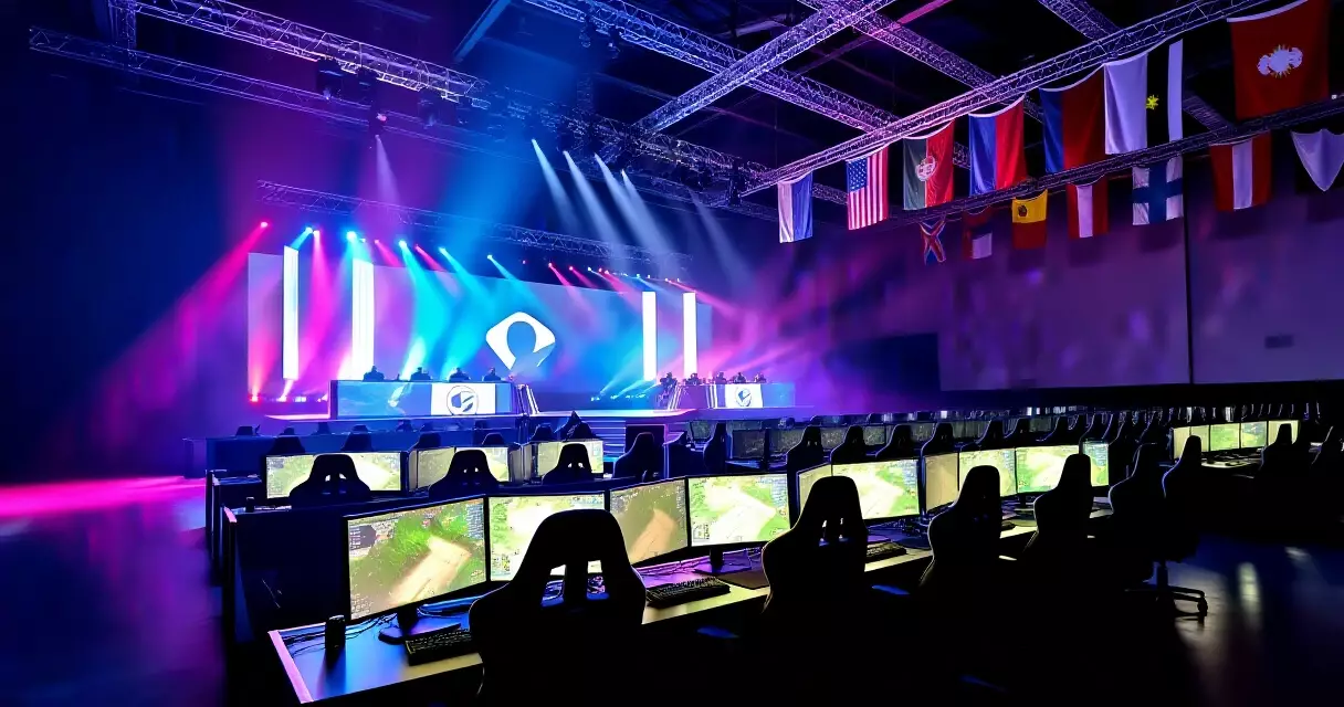Empty esports arena stage with national flags and gaming stations