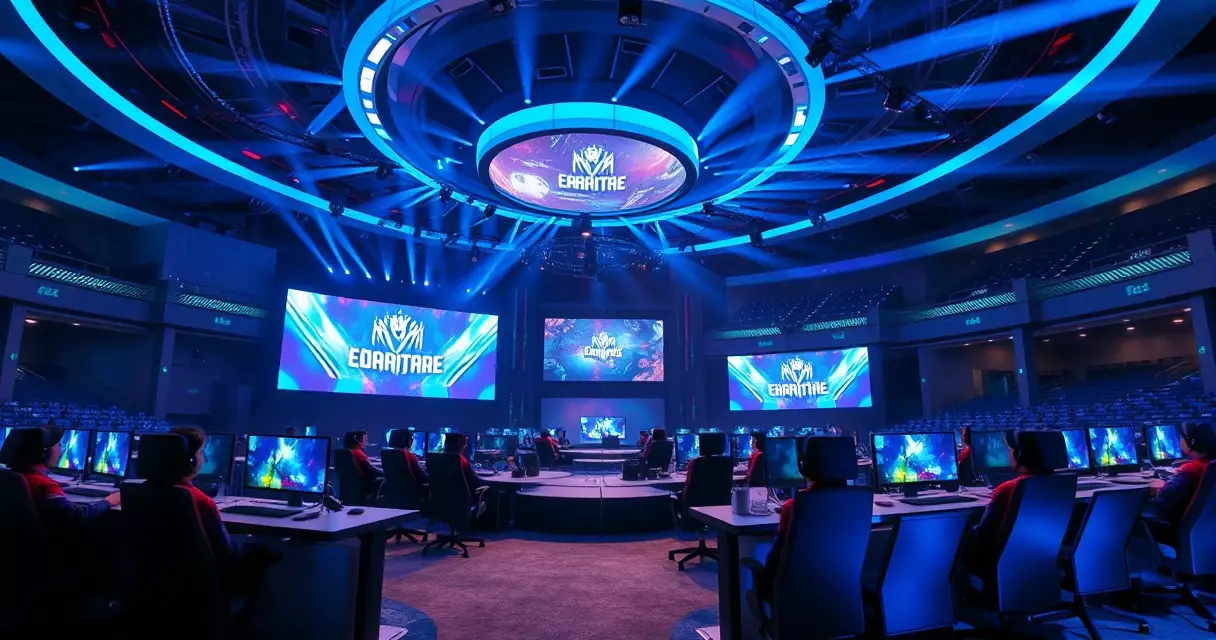 Esports arena stage with blue lighting and competition desks