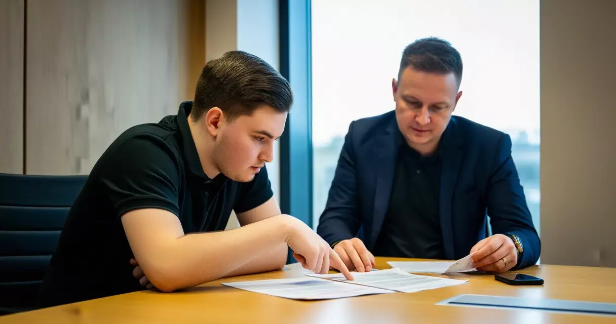 Esports player and manager reviewing contract documents at a conference table