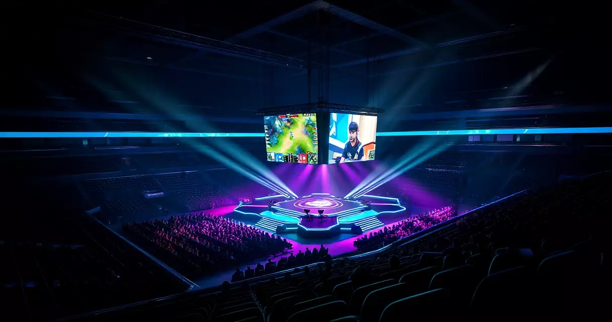Esports arena packed with fans watching a live League of Legends tournament broadcast