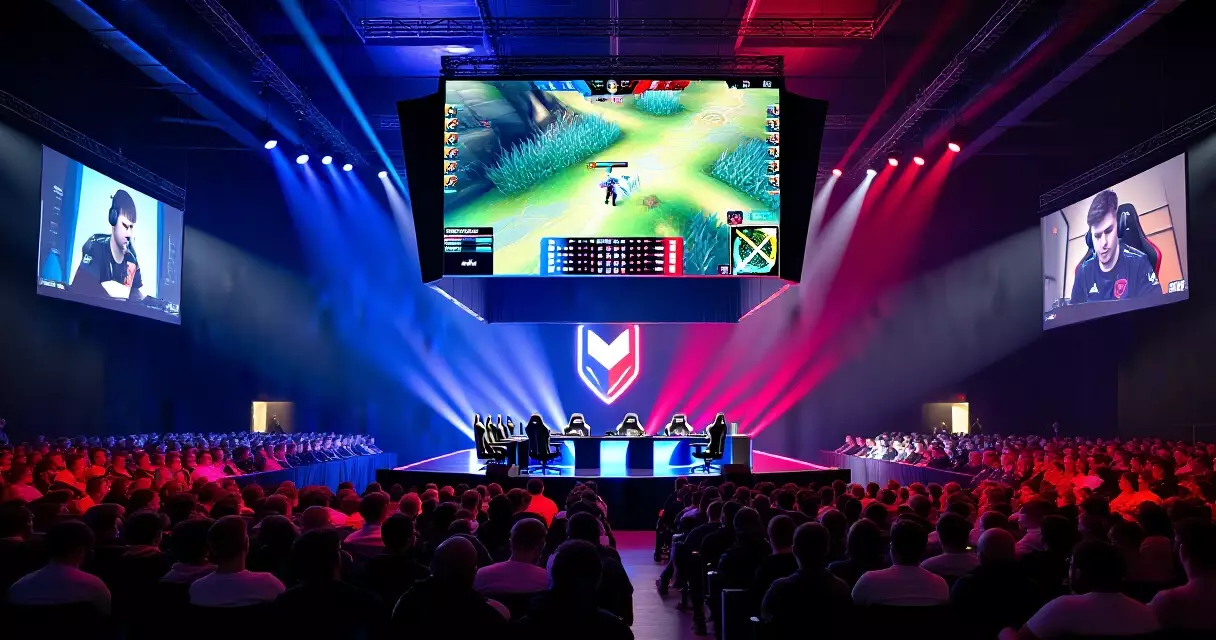 Packed esports arena audience watching a live competitive gaming tournament on large screens